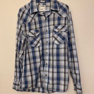 Buckle BKE athletic fit blue plaid thick stitch button up Western cotton shirt L